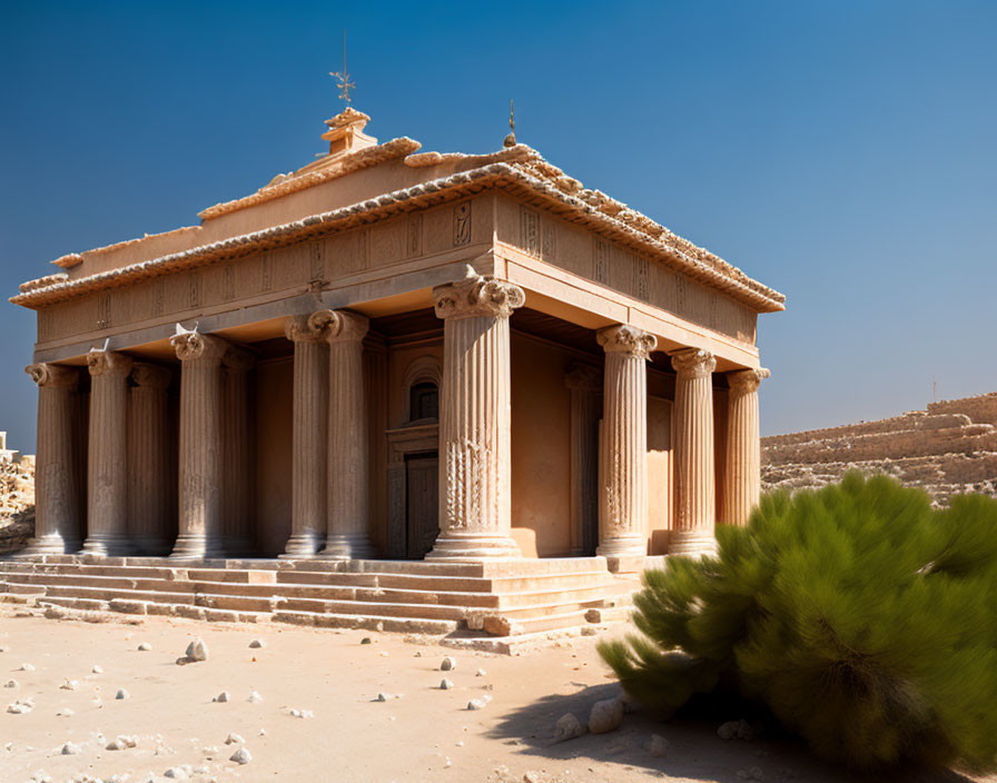 Ancient classical temple with Corinthian columns in desert landscape