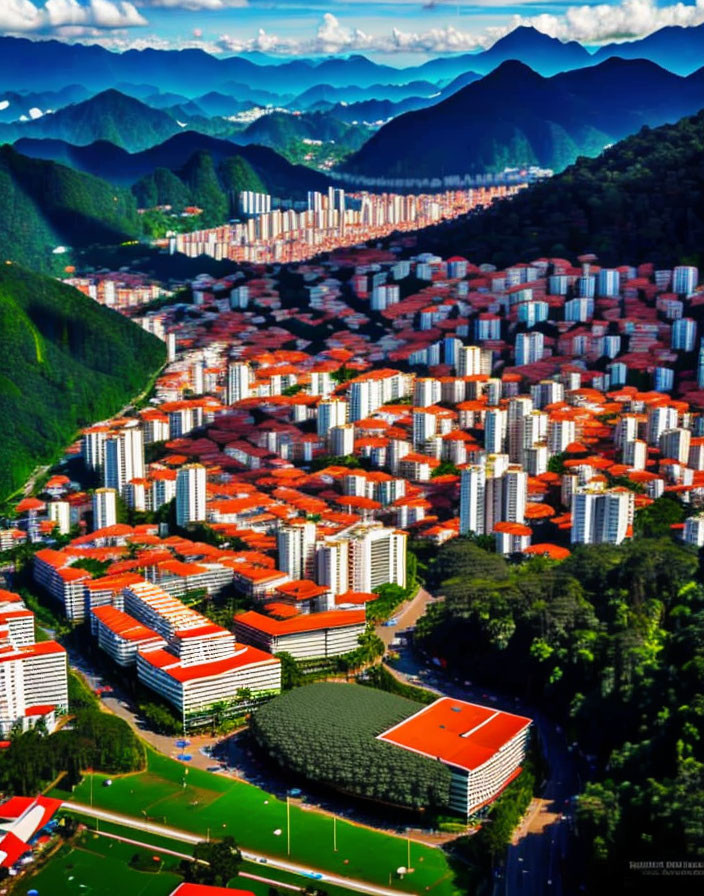 Dense Urban Area with Red-Roofed Buildings and Green Hills