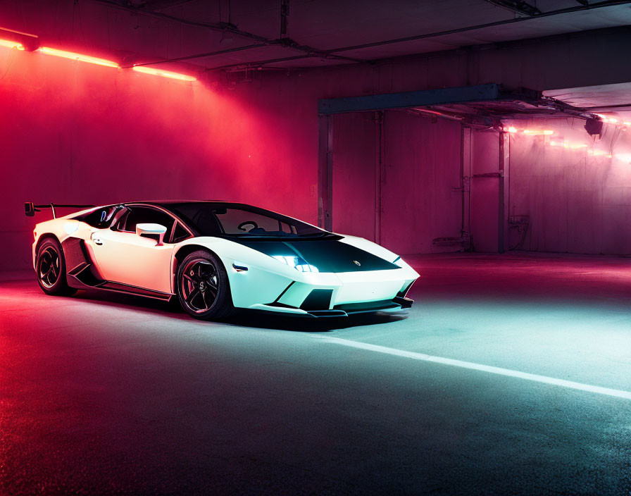 White Sports Car Parked Under Red Neon Lights in Dark Garage