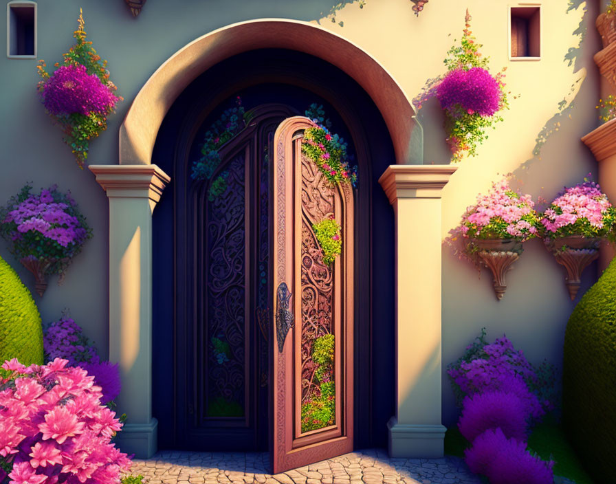 Partially Open Ornate Wooden Door in Sunlit Wall with Flowers