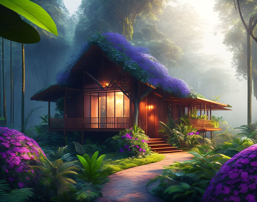 Wooden house with purple-flowered roof in lush forest setting