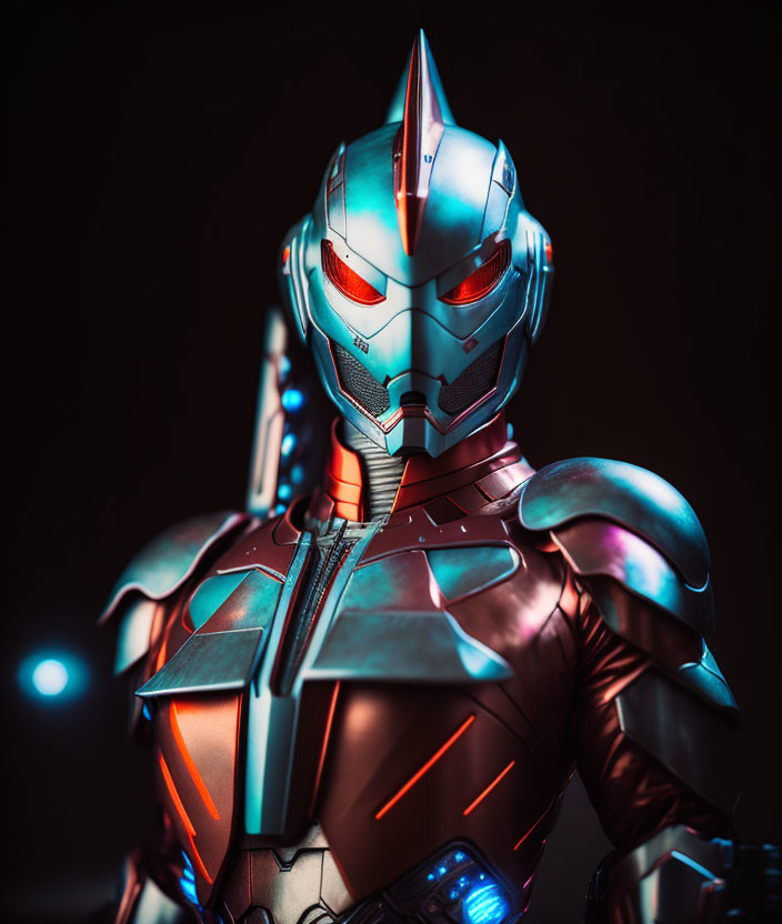 Futuristic red and silver armored suit with glowing visor.