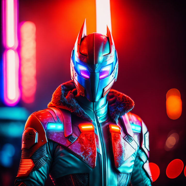 Futuristic armored figure in neon lights and red glow