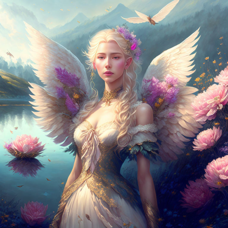 Serene angelic figure with white wings among pink water lilies