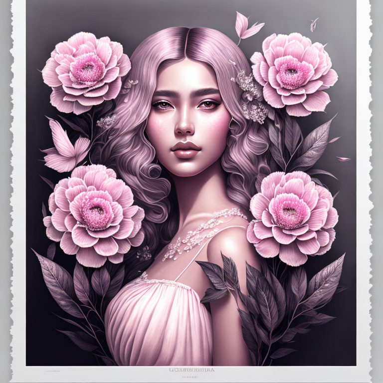 Monochromatic Pink and Gray Digital Artwork of Woman with Wavy Hair