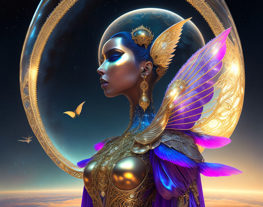Blue-skinned female figure with golden jewelry and crescent moon in starry sky portrait.