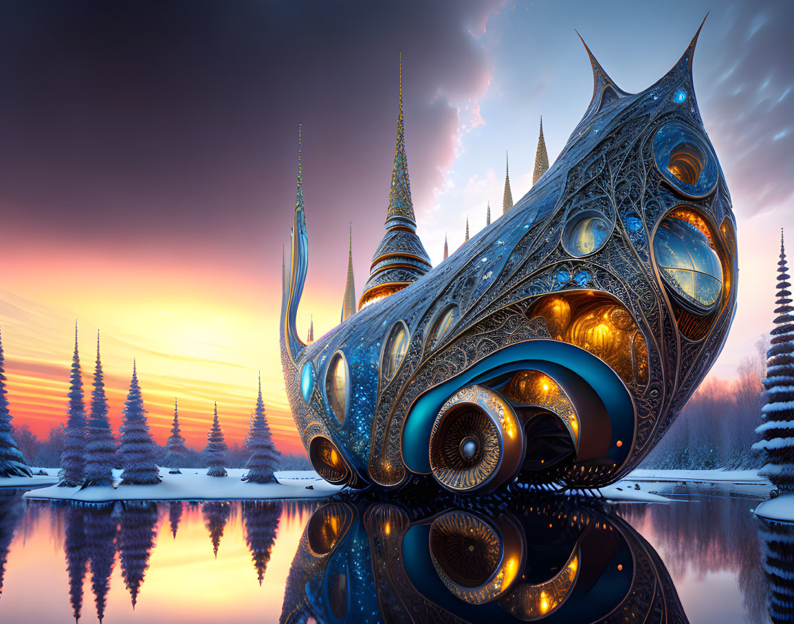 Futuristic snail-shaped structure by icy lake at sunset