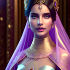 Regal woman illustration with golden tiara and purple gems