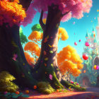 Colorful Fantasy Landscape with Trees, Leaves, Butterflies, and Castle