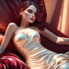 Stylish woman in cream dress on red sofa in softly lit room
