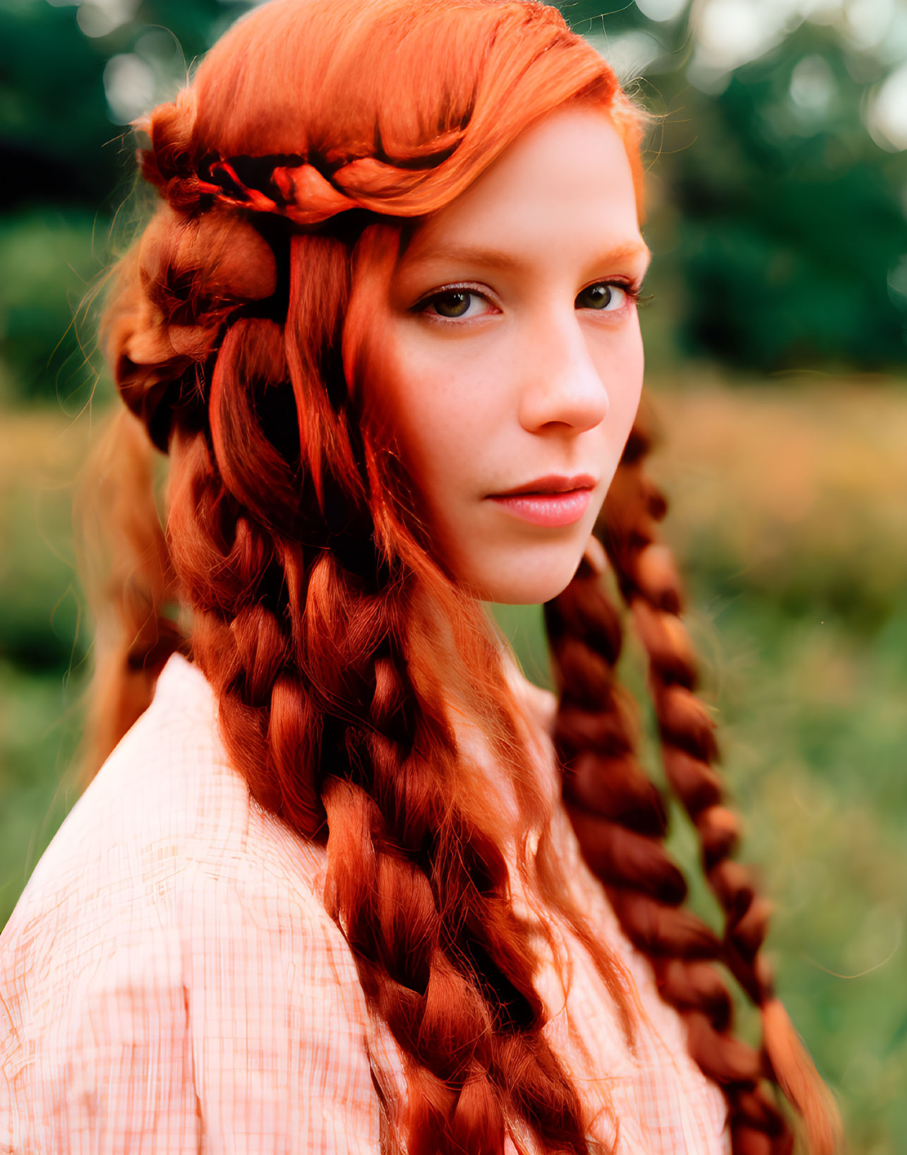 Woman with Long Red Braided Hair and Green Background