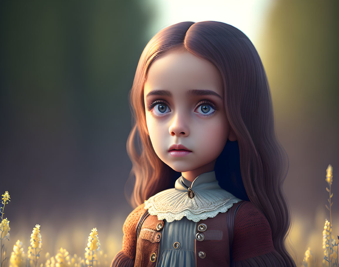 Digital illustration of girl with large eyes and brown hair in vintage dress at golden hour.
