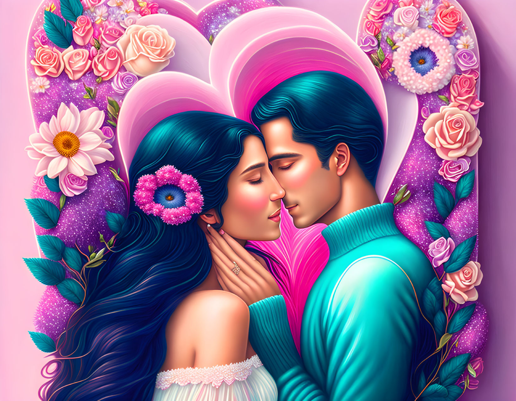 Vibrant illustrated couple embracing in heart-shaped floral scene