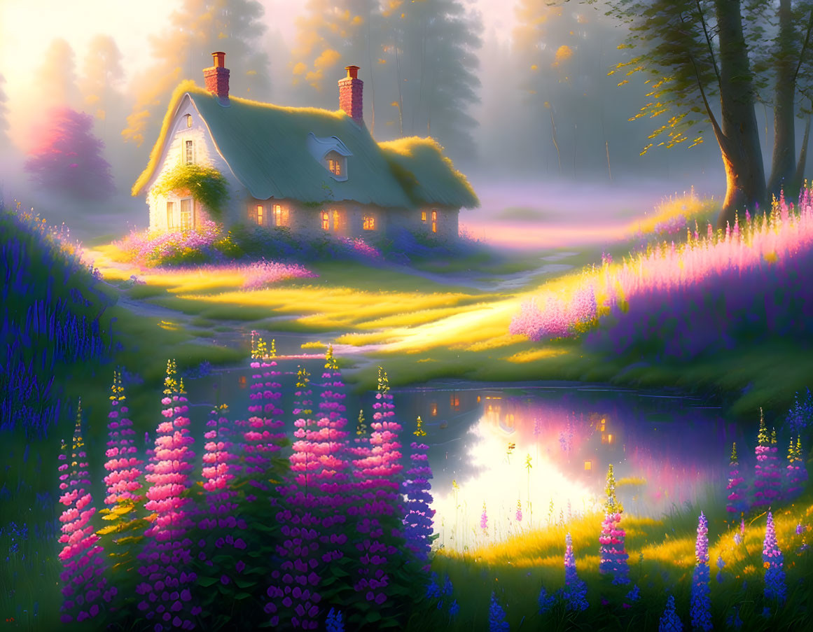 Country Cottage Surrounded by Lupines