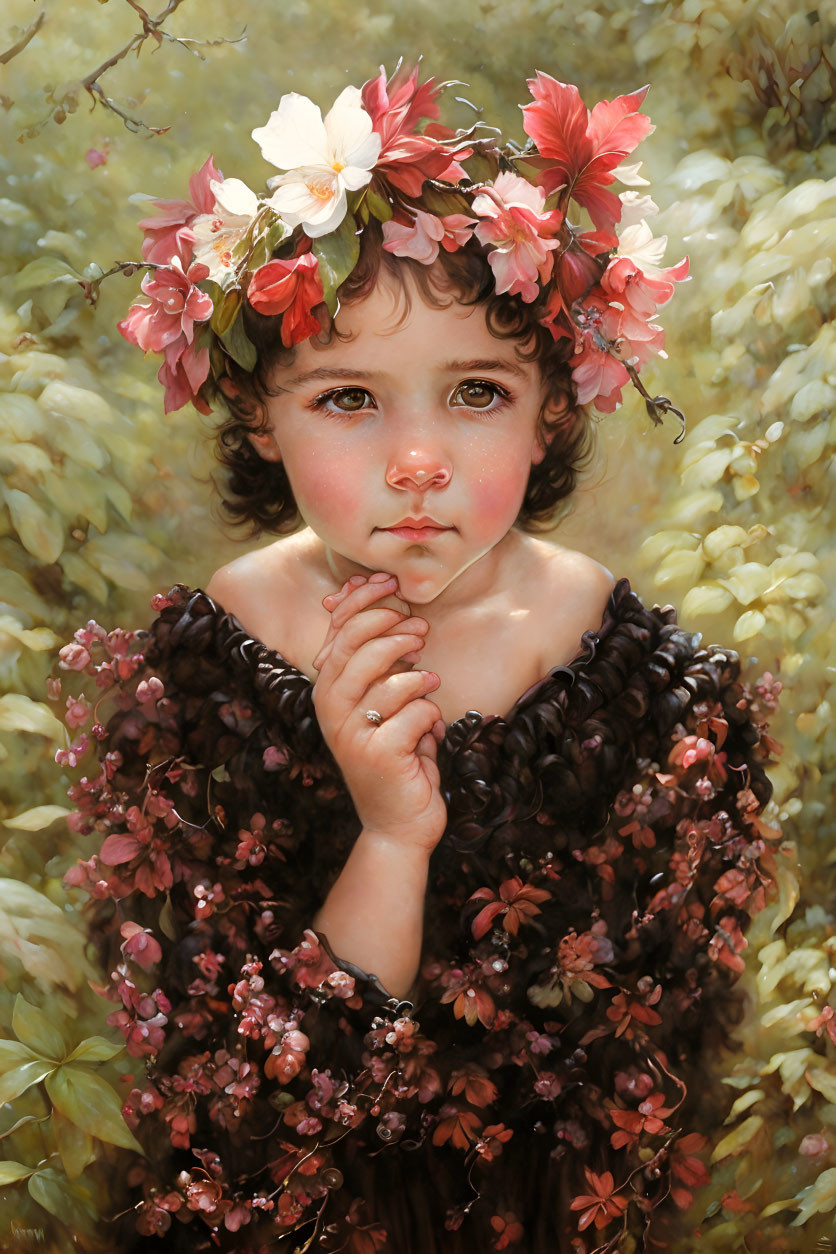 Child with floral crown and petal-adorned outfit in bloom-filled background