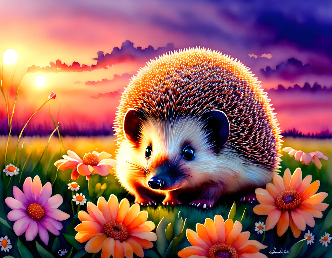 Colorful Sunset Scene with Cute Hedgehog and Flowers