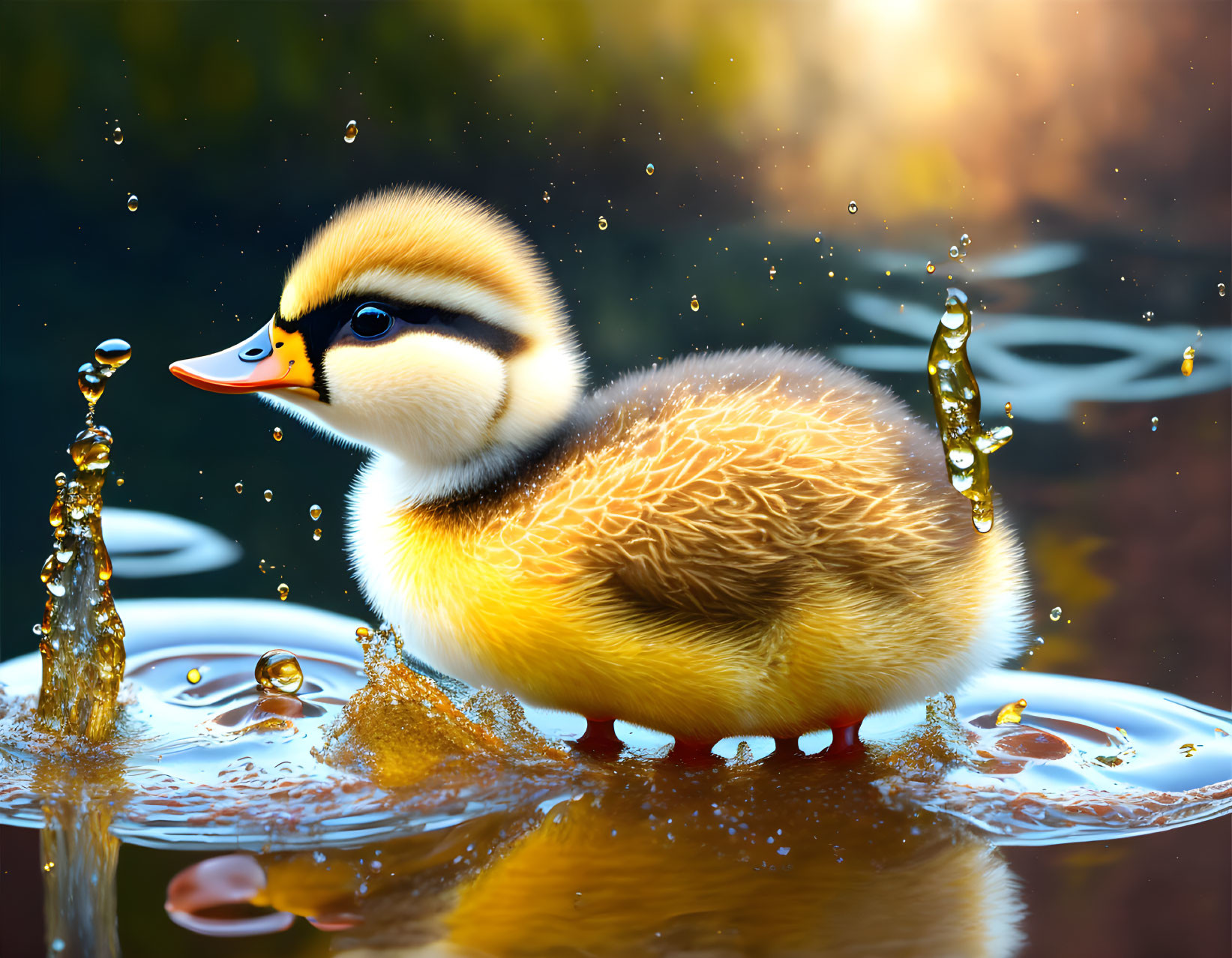 Fluffy duckling on water with golden light and nature backdrop