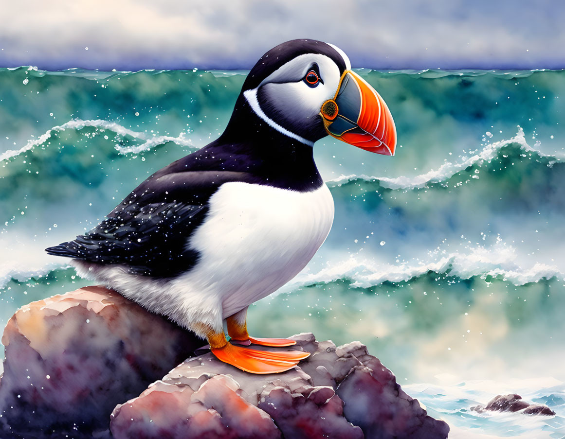 Watercolour Puffin by the Sea