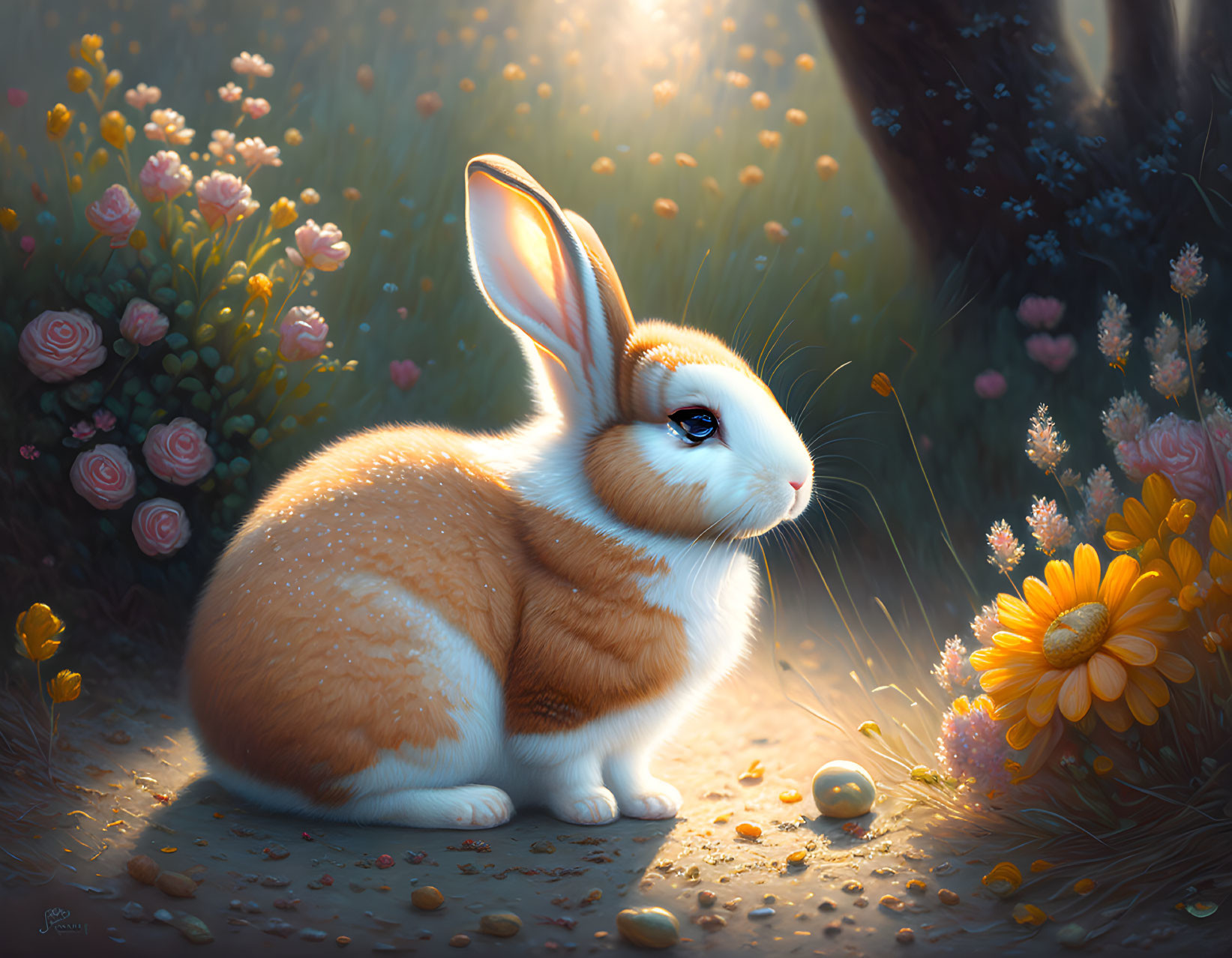 Brown and White Bunny Surrounded by Wildflowers in Soft Lighting
