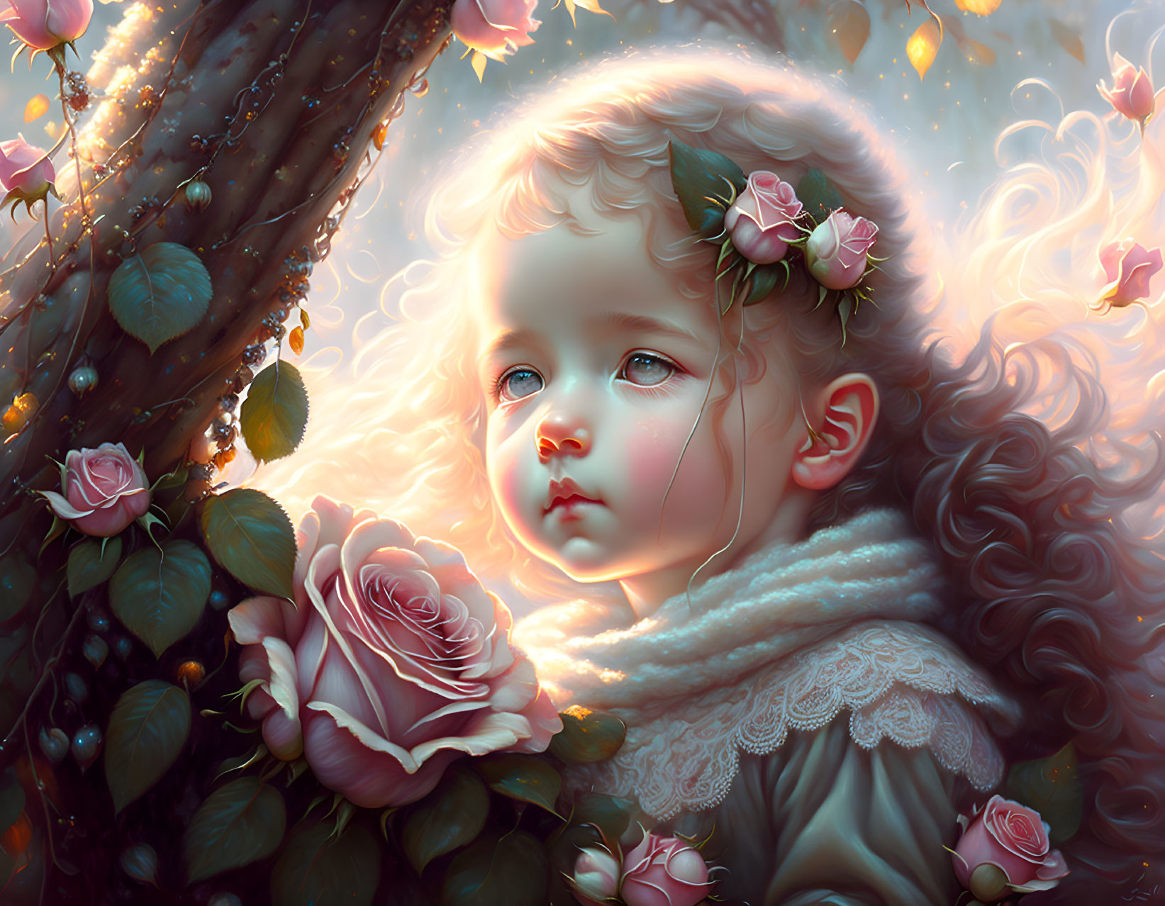 Portrait of Young Child with Curly Hair and Roses in Soft Lighting