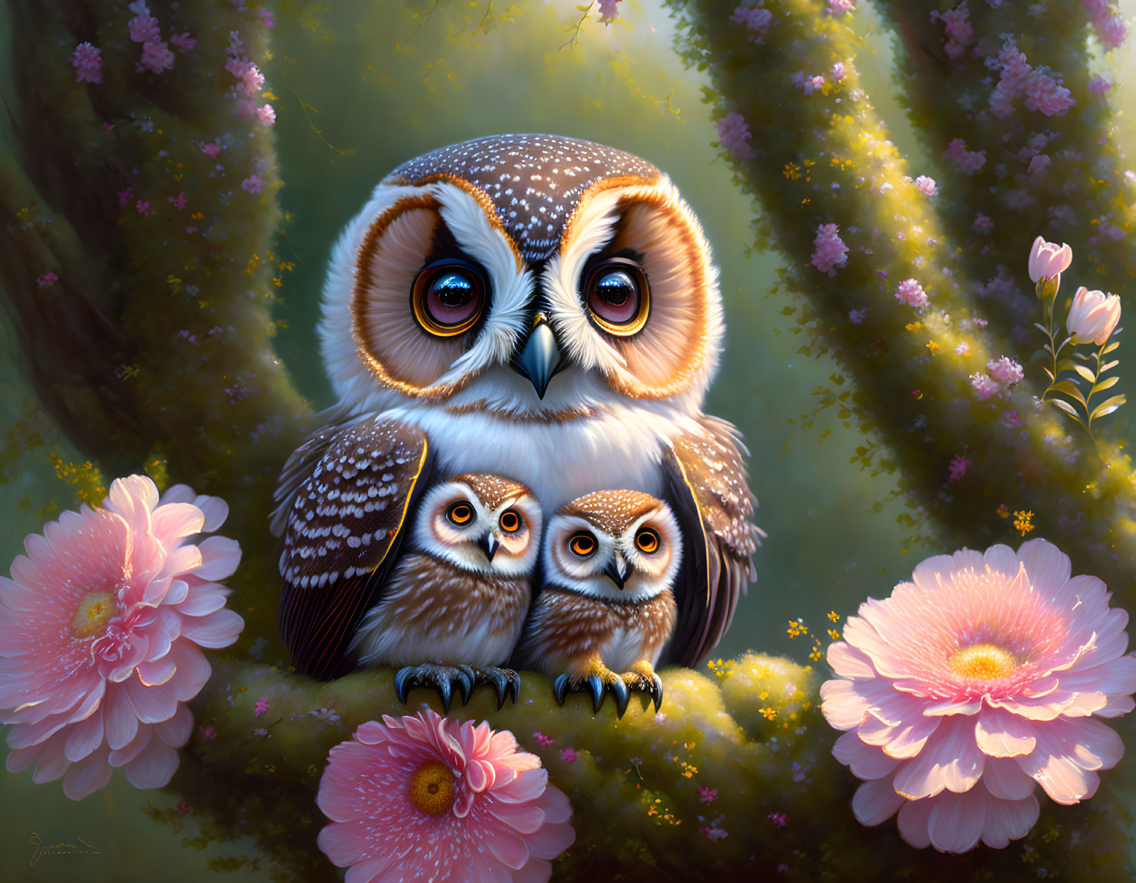 Large owl with orange eyes cuddling two smaller owls in pink flowers.