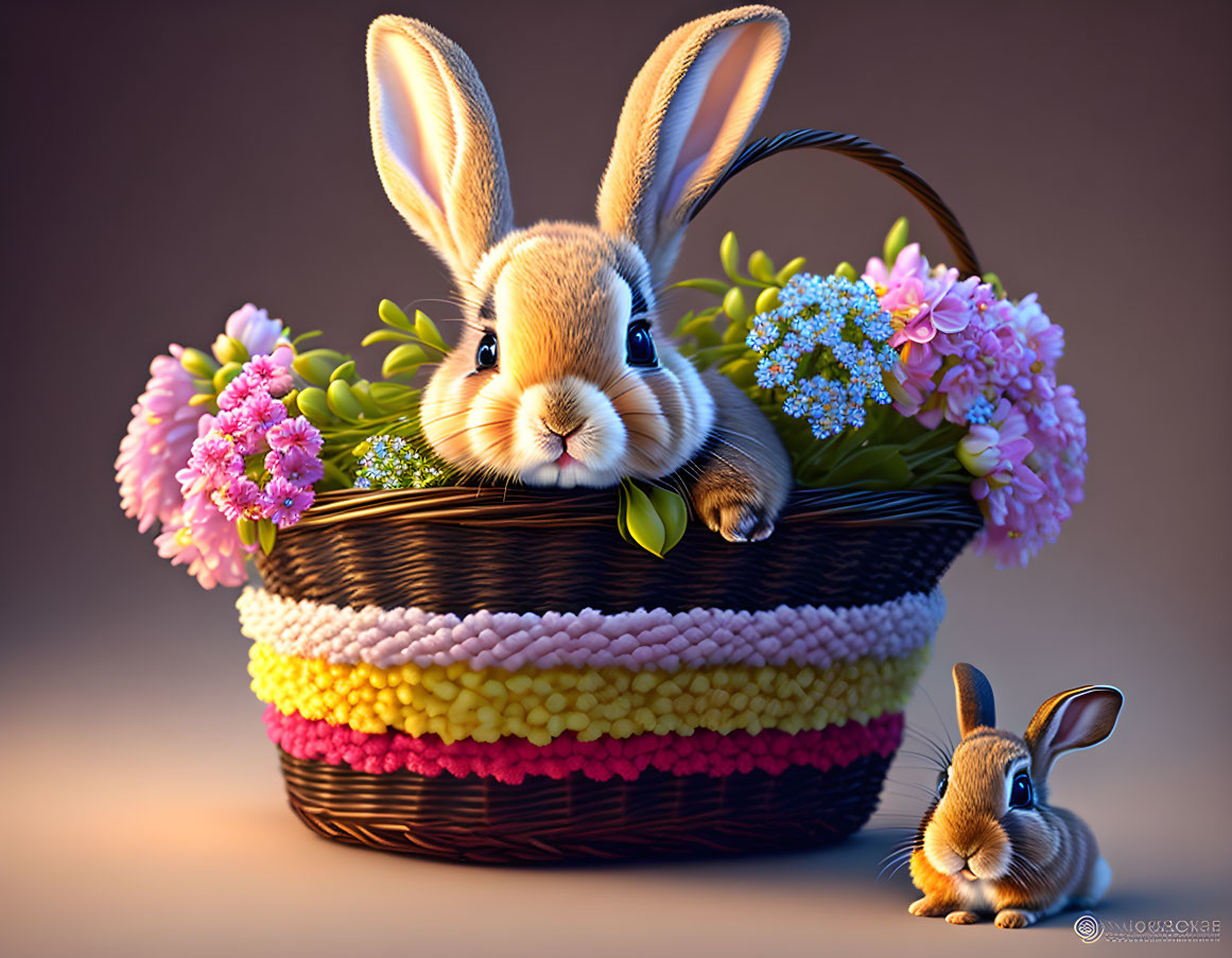 Illustration of two rabbits in colorful basket with flowers on soft-lit background