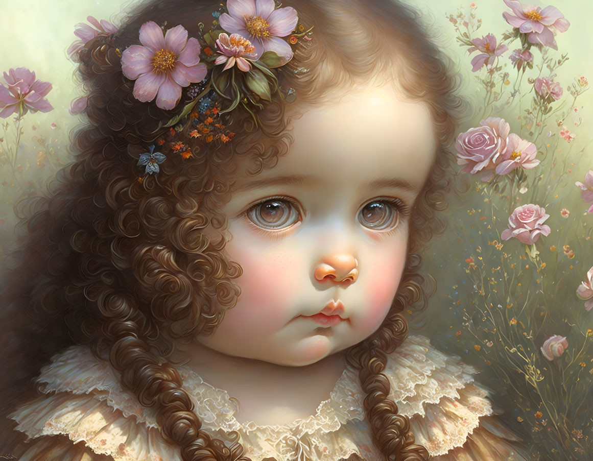 Portrait of a young child with big eyes and curly brown hair in vintage dress among pink roses