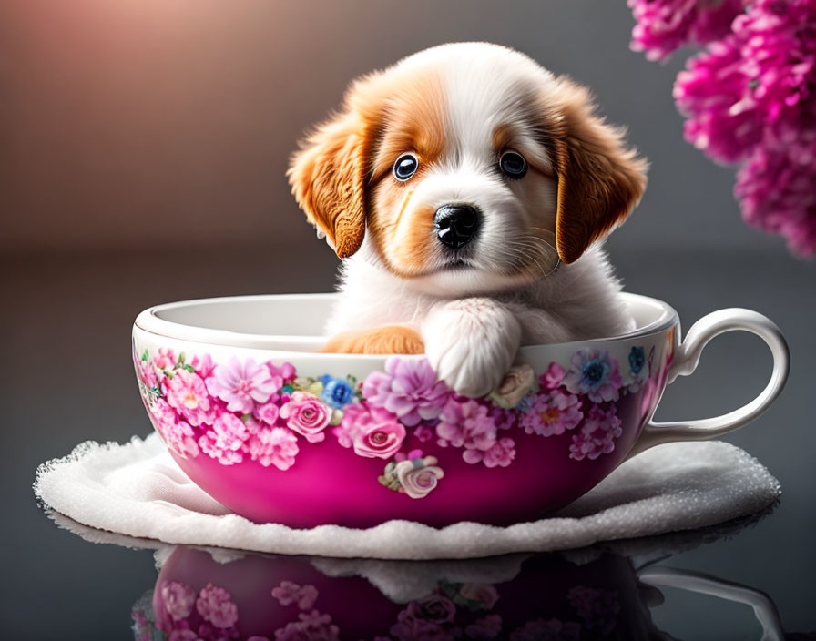 Brown and White Puppy Sitting in Floral Teacup with Pink Flowers
