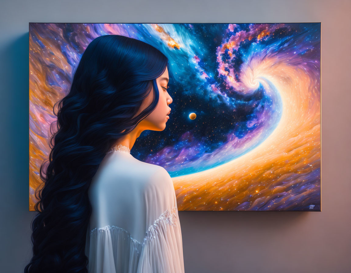 Long-haired woman admires cosmic painting of swirling galaxy.