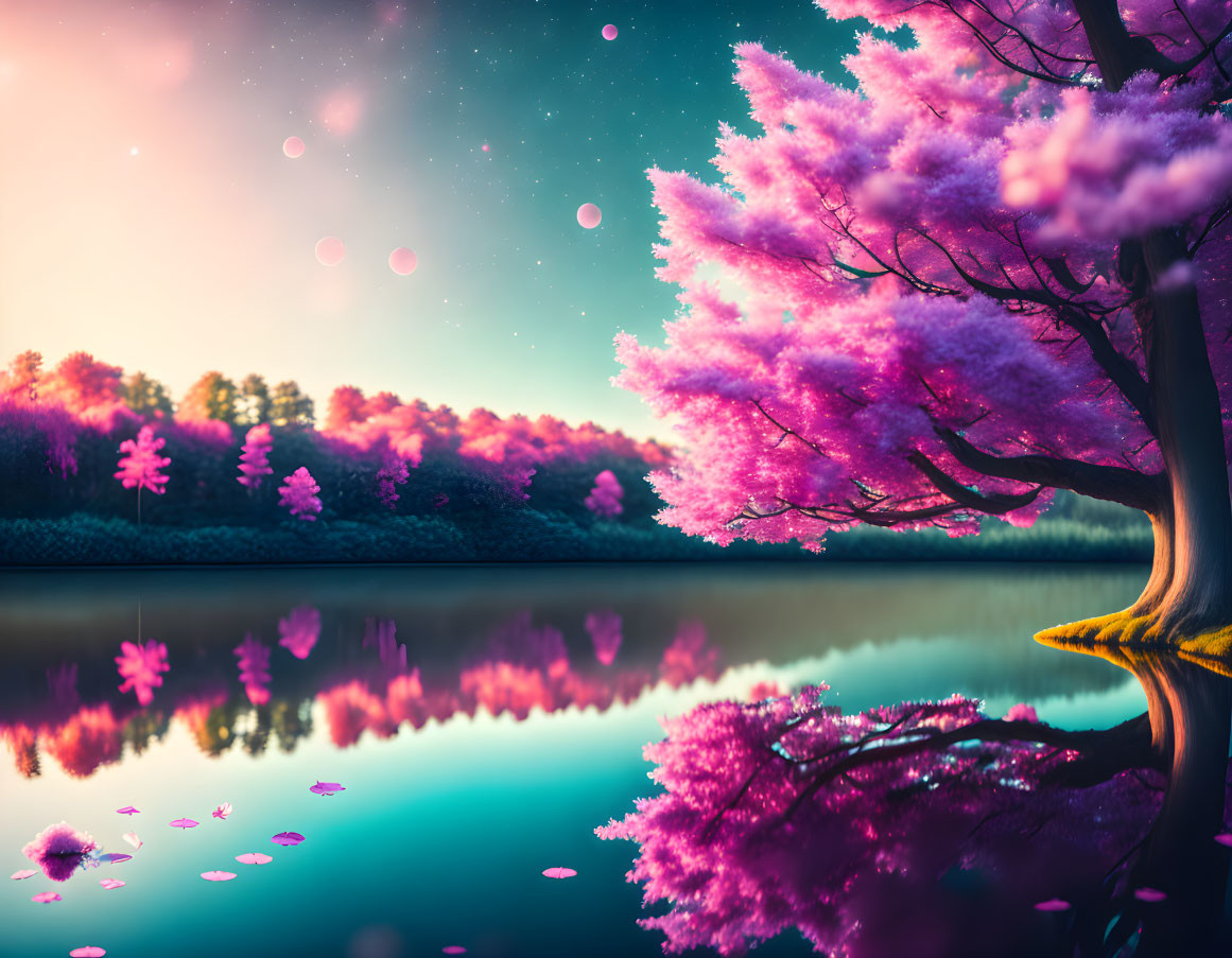Tranquil lake with pink cherry blossoms under starry twilight sky