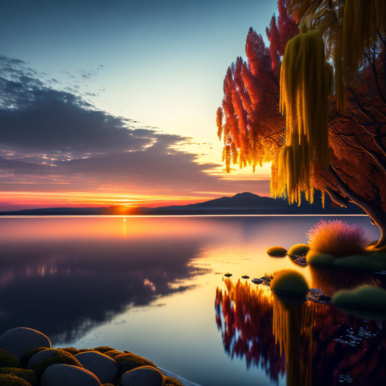 Autumn sunset scene: serene lake, vibrant trees, round stones, colorful sky