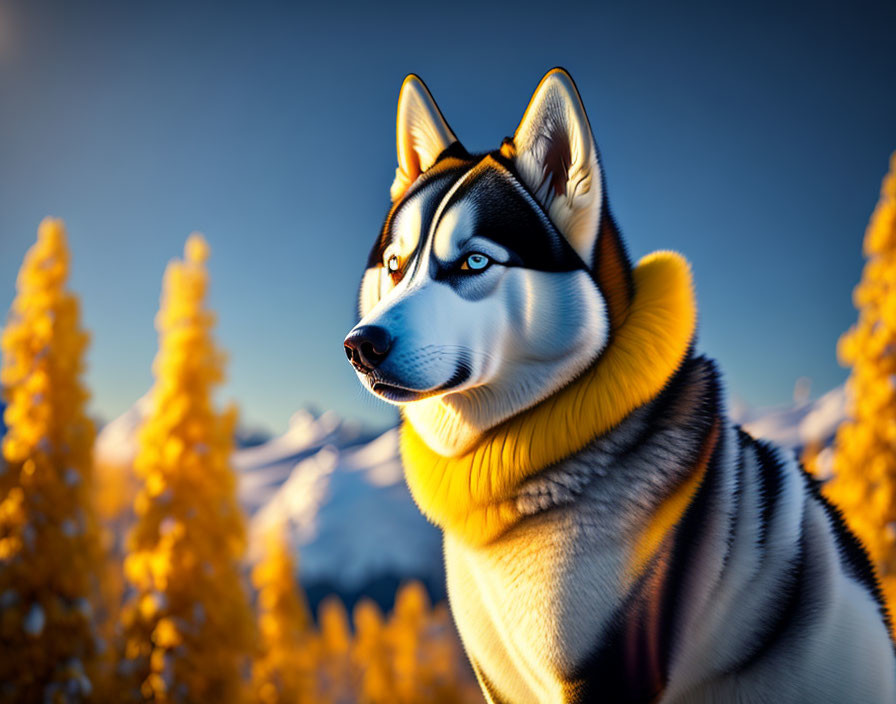 Siberian Husky in Yellow Scarf Surrounded by Golden Trees and Snowy Mountains