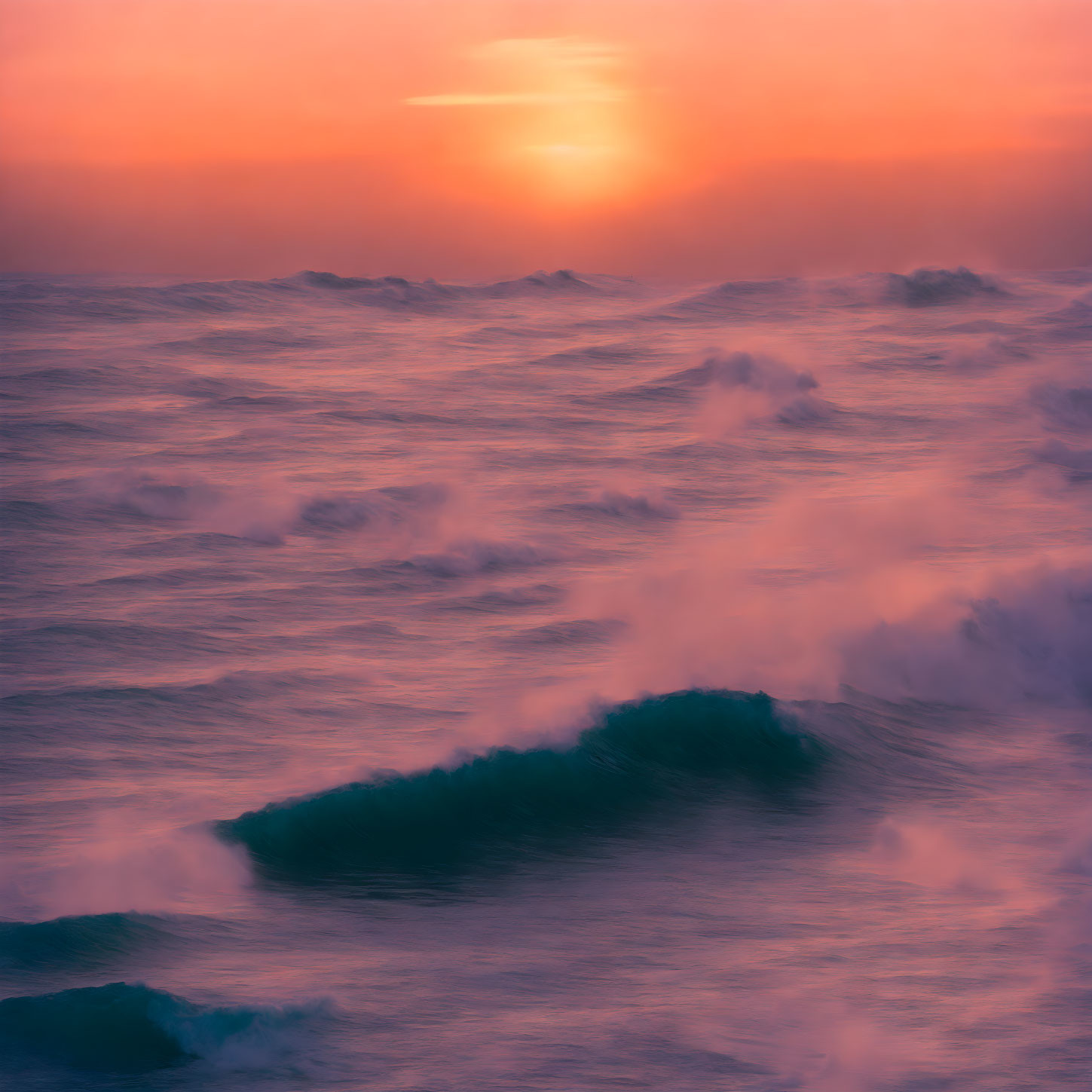 Vibrant sunset over turbulent sea with crashing waves and mystical fog.