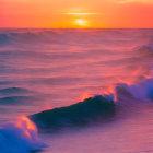 Vibrant sunset over turbulent sea with crashing waves and mystical fog.