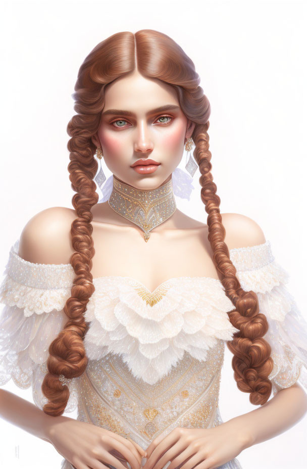Digital portrait of woman with braided hair in white off-shoulder dress and choker, featuring