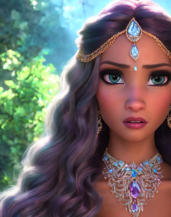 Character with expressive eyes, wavy hair, bejeweled headpiece, and ornate necklace