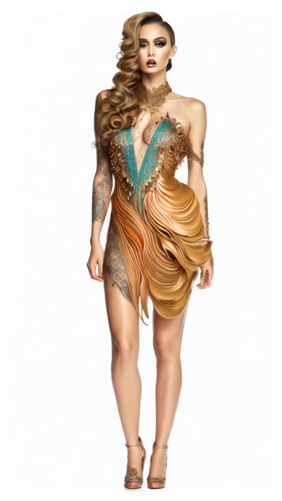 Tattooed person in gold and teal asymmetrical dress on white background