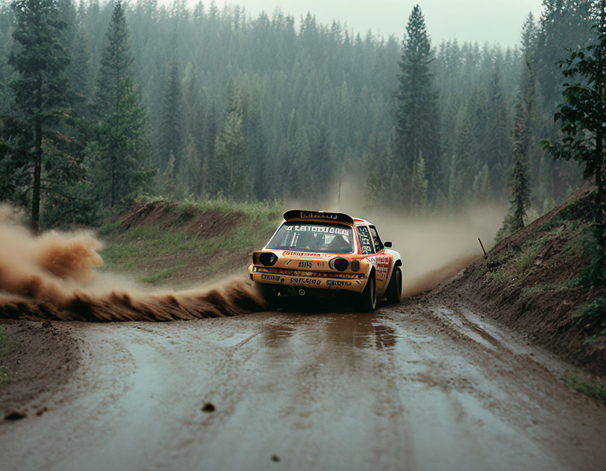 Rally car speeding on muddy forest road surrounded by green trees