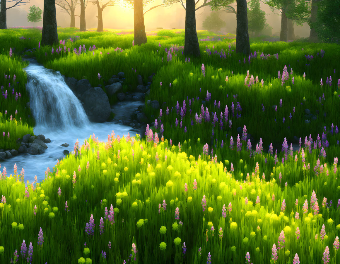 Vibrant meadow with flowers, waterfall, trees, and sunlight