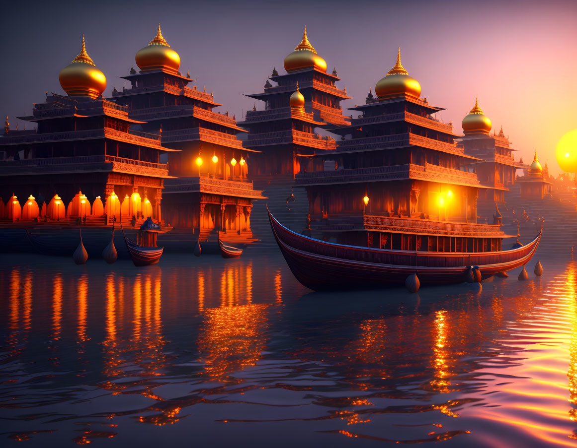 Tranquil Asian waterfront cityscape at sunset