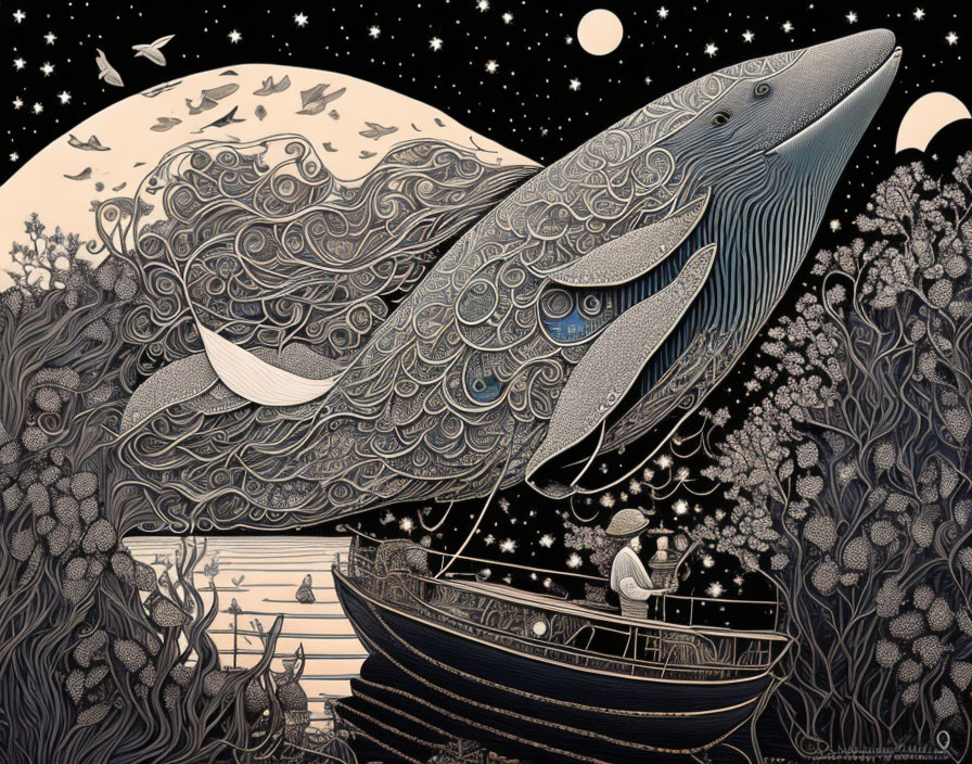 Detailed illustration of giant whale above person in boat under starry night sky with full moon