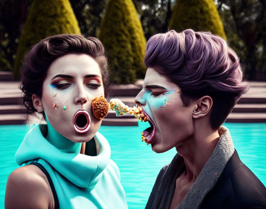 Two women in stylized makeup shouting with colorful confections against pool and hedge backdrop