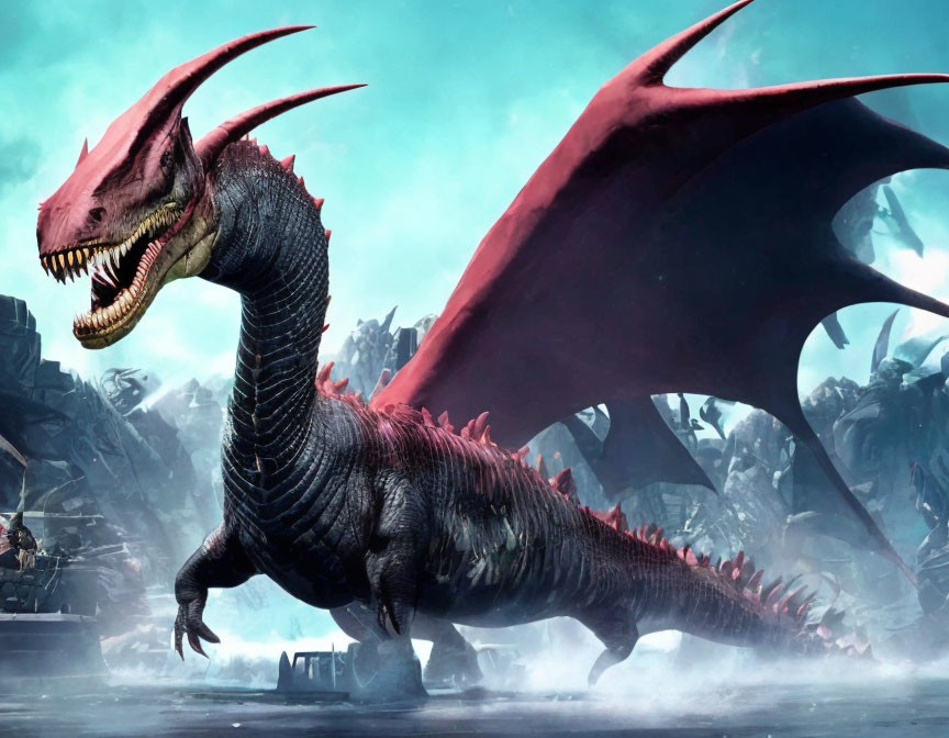 Red Dragon with Extended Wings in Fantasy Icy Landscape