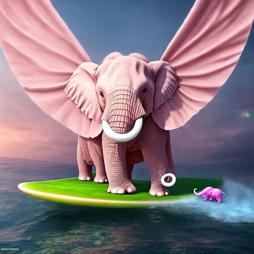 Whimsical pink elephant surfing with oversized ears and tiny companion
