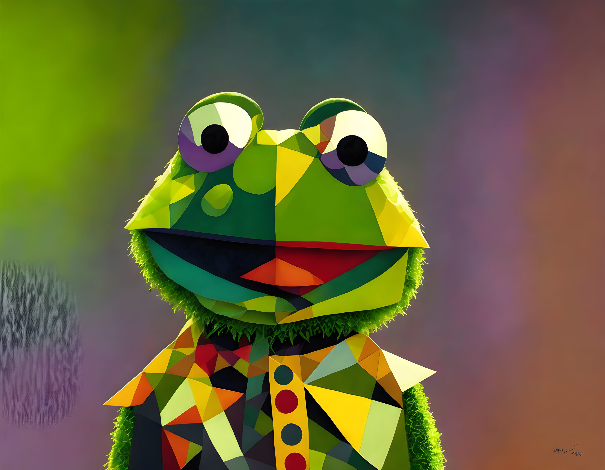 Vibrant geometric Kermit the Frog on blended backdrop