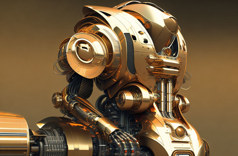 Detailed 3D illustration of futuristic orange metallic robot with complex joints