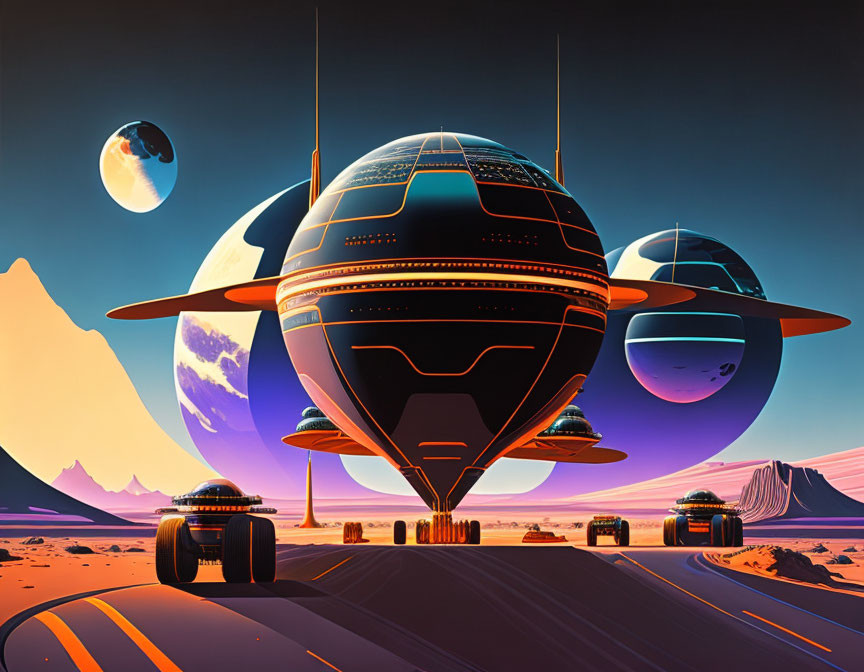 Futuristic spaceship on colorful alien desert planet