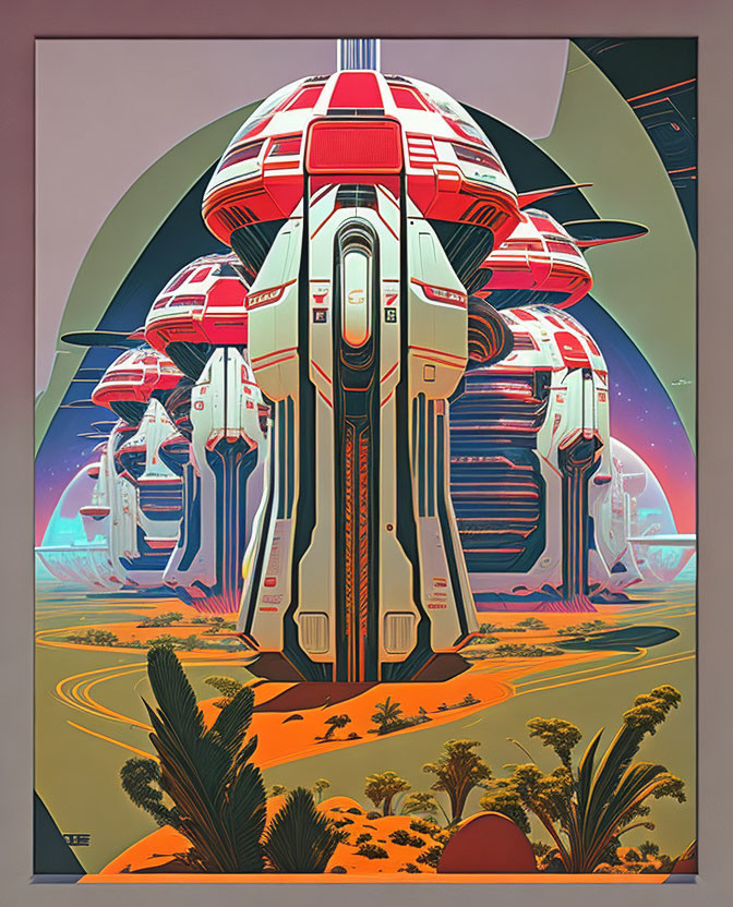 Retro-futuristic poster with towering spaceship on alien desert landscape