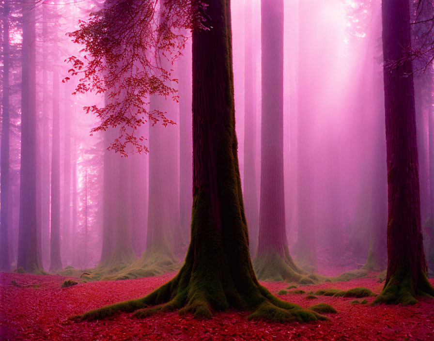 Mystical forest with tall trees, green moss, red foliage, and pink fog.