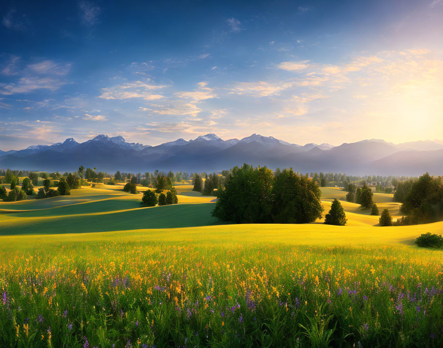 Scenic landscape with wildflowers, green hills, and mountains at dawn